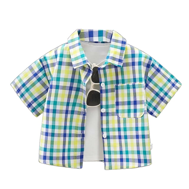GDREDA Not Dressed for Boys Shirt Small And Medium Sized Children's Fashion Shirt With Collared Front Checkered Short Sleeves And Button Fastening. Dark Green,11-12 Years