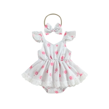 SUNSIOM Baby Girls Summer Casual Romper Dress White Flying Sleeve Floral Print Romper with Bow Headband