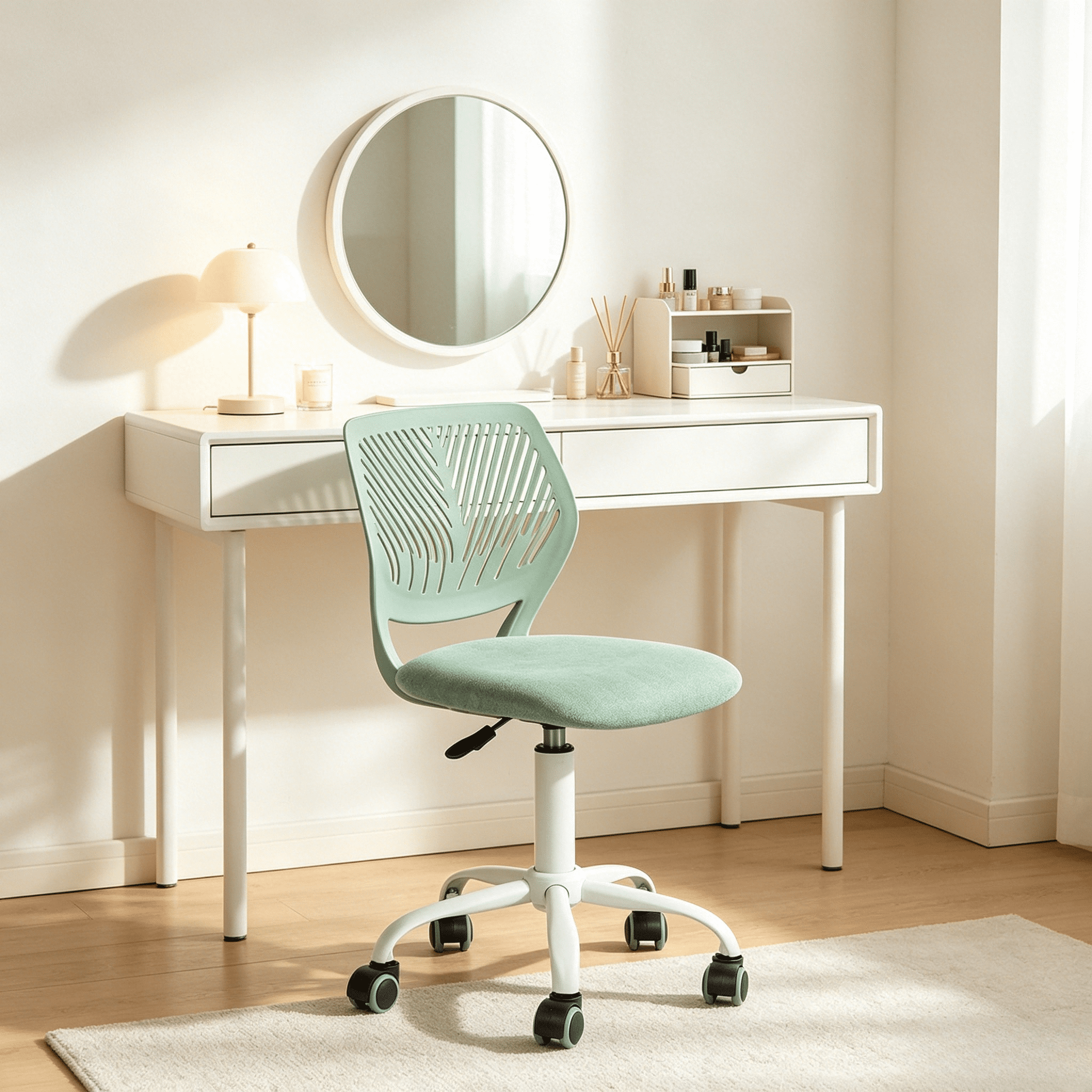 Homy Casa Adjustable Desk Chair, Armless 360° Swivel Task Chair with Wheels, Aqua Fabric Seat