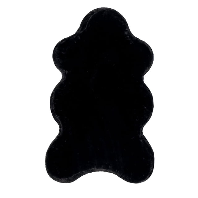 Instachew SORA Hide Shape Dog Bed Blush Small in black faux fur, top-down view showing a hide-shaped dog pillow bed with soft foam cushion, waterproof lining, and 100% polyester material, suitable for small dogs as a comfortable lounge area.