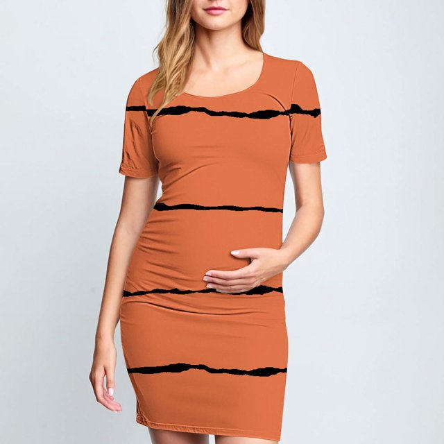 Ovzne Robes pour Femmes Robe Femme à la Mode Imprimée Plissée Jupe de Maternité à Manches Courtes Col Rond Robe Mi-Mollet Robe Grande Taille à Manches Courtes Imprimée Liquidation