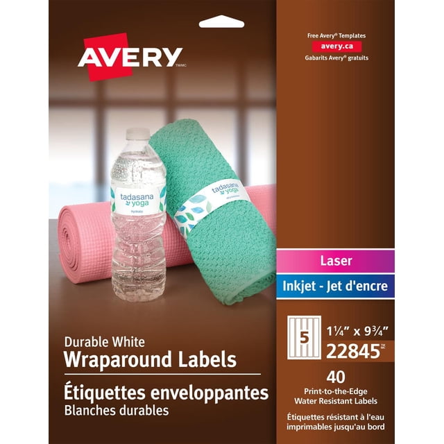 Avery Durable White Wraparound Labels, 1¼" x 9¾", pack of 40 water-resistant labels for laser and inkjet printers, shown on a water bottle and rolled towel with 'tadasana yoga' branding, featuring print-to-the-edge capability and permanent adhesive suitable for curved surfaces.