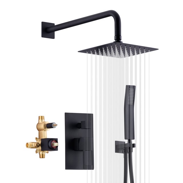 sumerain Matte Black Pressure Balance Shower Systems with 8 Inches Rain shower and Handheld, Rough-in Valve Body and Trim included