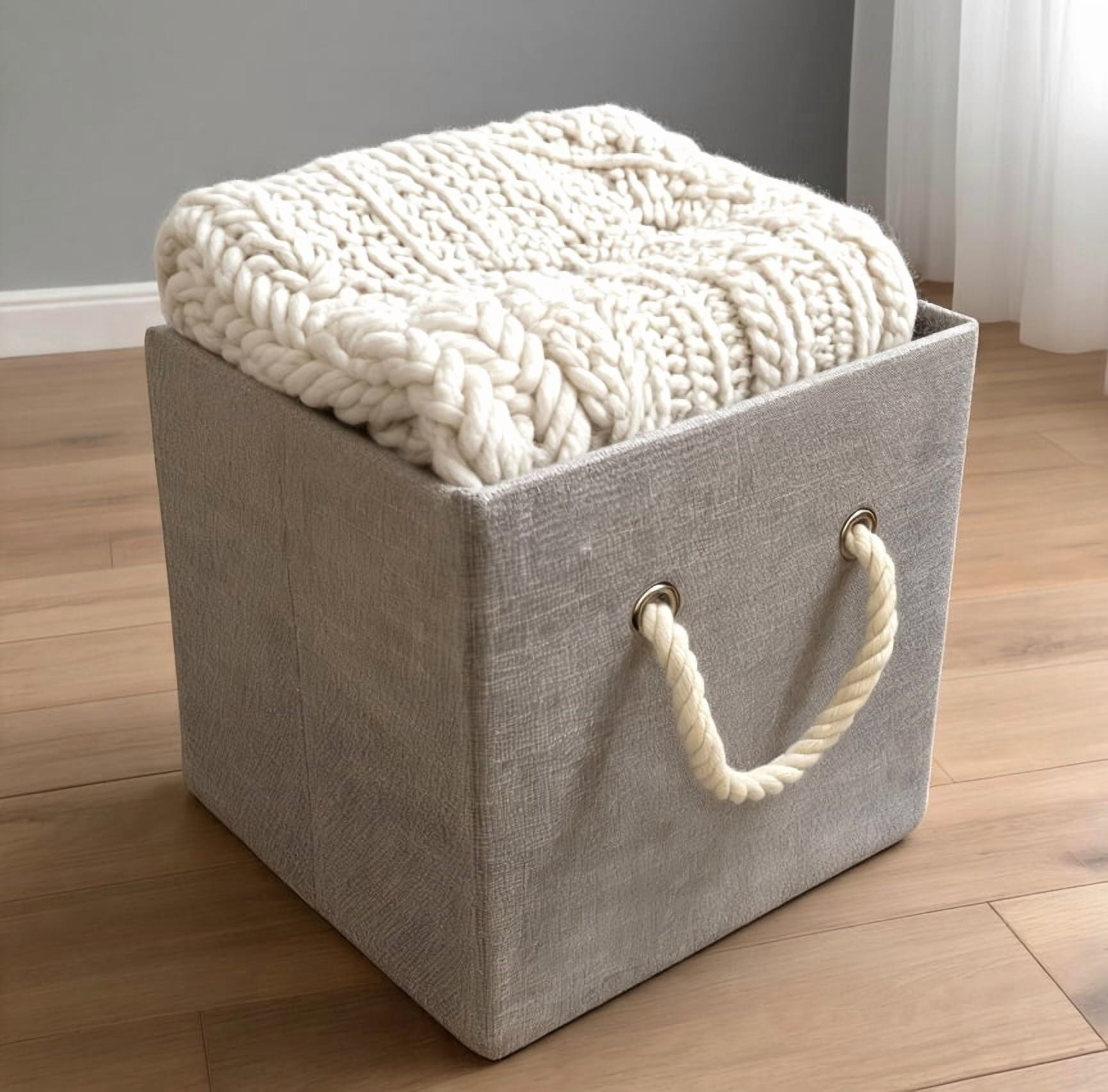 Hometrends 10.23" x 10.23" x 10.23"H Collapsible Faux Linen Fabric Storage Cube Bin with Cotton Rope Handles (Single)
