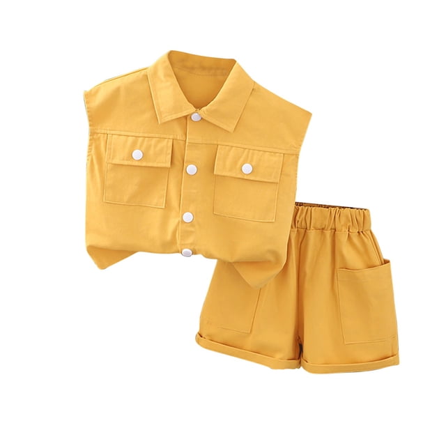 Penkiiy Mode Garçons T-Shirts Décontractés à Manches Courtes Col Rond Col Bouton Ensembles de Shorts Imprimés 6 Mois Jaune