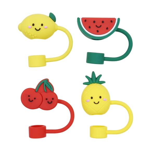 Mainstays 4-Pack Plastic Straw Topper Set, Lemon, Cherry, Watermelon & Pineapple, Multi-Color