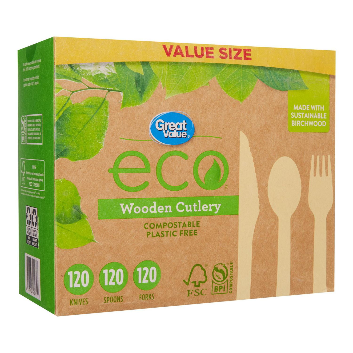 Great Value eco Couverts en Bois, 360 Pcs