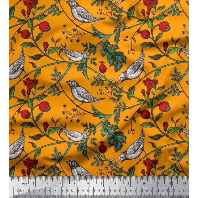 Soimoi Poly Georgette Fabric Bird & Leaf Bird Print Fabric by the Yard 42 Inch Wide