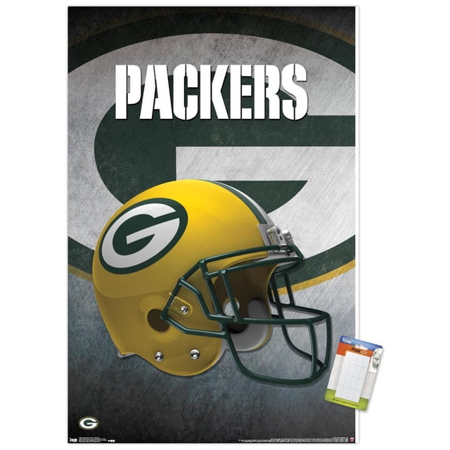 NFL Green Bay Packers - Affiche Murale de Casque 16, 22,375 Po x 34 Po Encadrée Montrant un Casque de football Jaune Orienté vers l'Avant avec un Masque Vert Foncé et le logo « g » Packers sur le Côté, sur Fond Texturé avec un Grand Emblème Packers Délavé et un Texte « Packers » Blanc Audacieux au-Dessus, Convient à l'Art Mural dans les Chambres, les Bureaux Ou les Espaces de Fans.