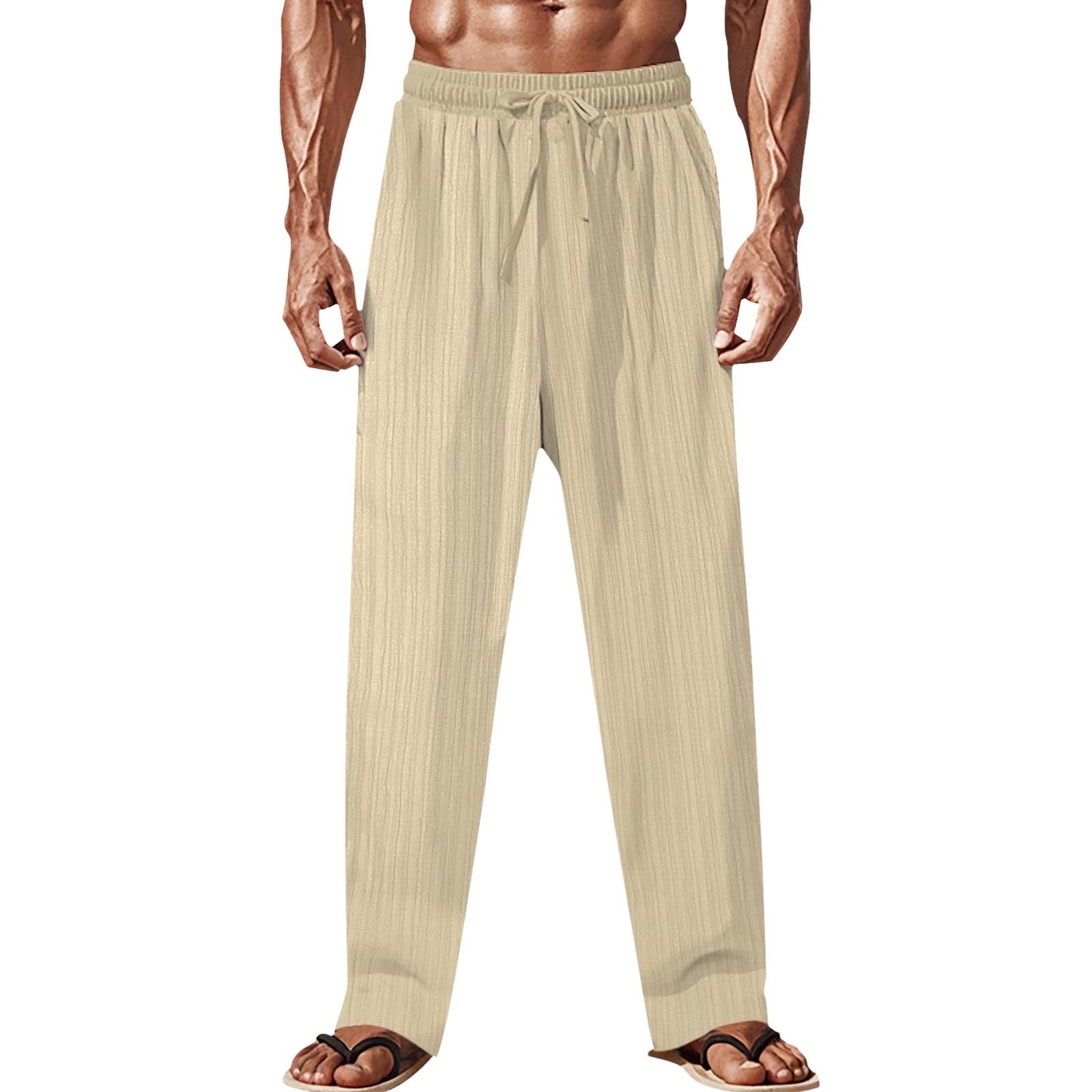 zfhfof Men's Casual Linen Pants Elastic Waist Drawstring Beach