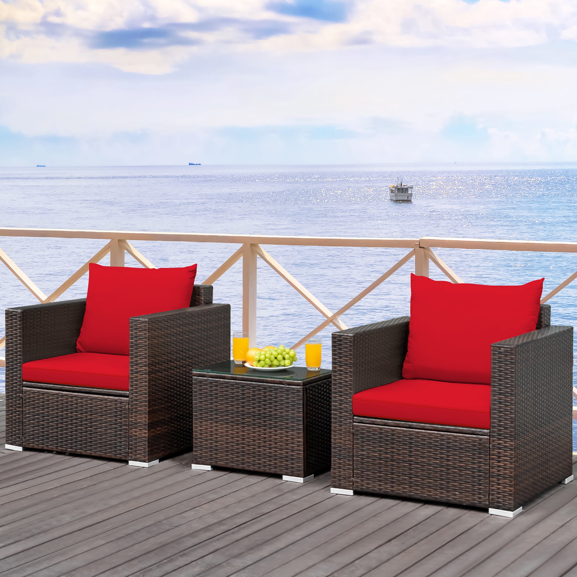 Costway 3PCS Patio Rattan Furniture Set Conversation Sofa Cushioned Garden Red