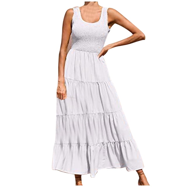 Penkiiy Robe Maxi d'Été Décontractée pour Femme, Fluide, à Volants, Bohème, Longue, P Blanc