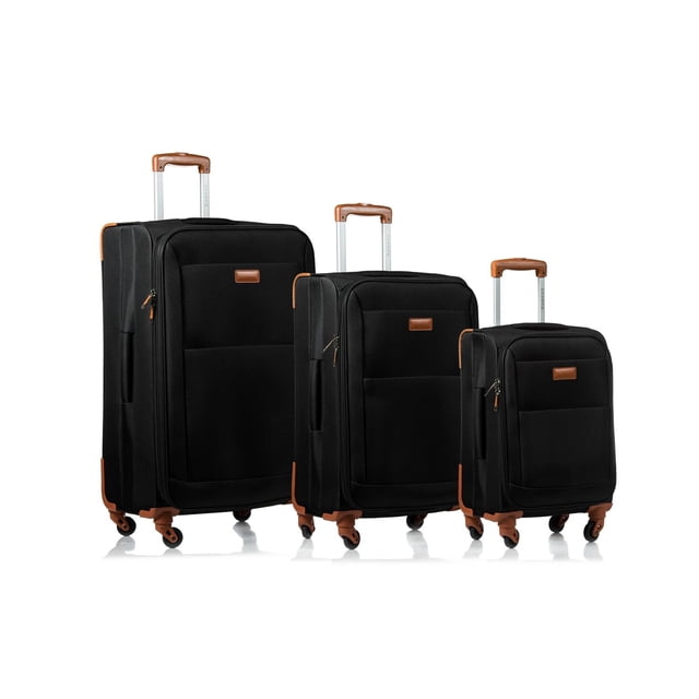 Champs Express Classic Collection 3pc Luggage Set with three black soft side suitcases featuring brown trim, telescopic handles, 360-degree spinner wheels, and front zippered pockets. Includes 28" and 24" expandable cases plus a 20" TSA-approved carry-on, suitable for efficient packing and travel organization.