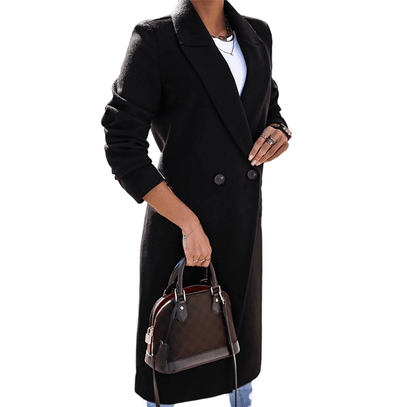 Women Long Wool Coats for Fall Winter Trench Coat Peacoat Double Breasted Blazer Jackets Overcoat Black XXL