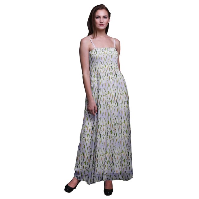Bimba Robe à Bretelles Smockée en Georgette Imprimée de Fleurs et de Feuilles pour Femmes - XX-Grand