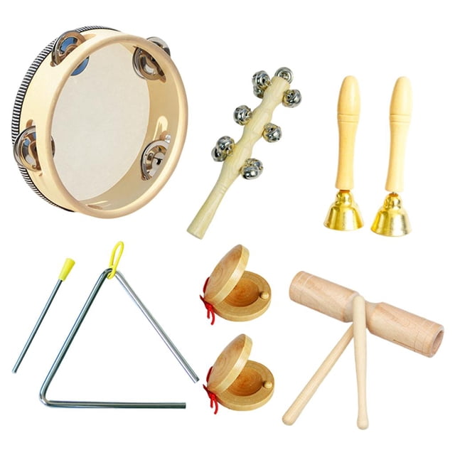 Percussion Toy Musical Instrument Set with Bag, a 6-piece set weighing 0.557kg. Includes a tambourine, wooden clappers, a triangle with striker, hand bells, and a jingle stick, all made of natural wood with no paint or coatings. Designed for kids to develop musical sensitivity, creativity, and coordination. Comes with a storage bag for easy cleanup and portability.