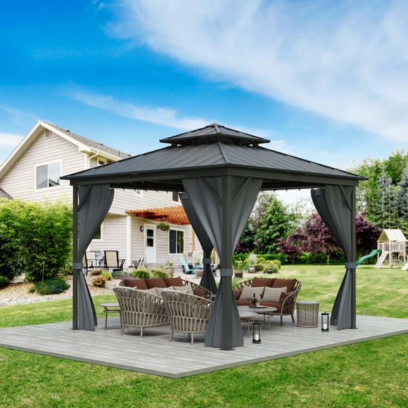 Heavy Duty 12x12ft Hardtop Gazebo–Double Roof Outdoor Pavilion–Galvanized Steel & Aluminum Frame–Includes Curtains & Netting–Permanent Patio Shelter for Backyard Deck, Garden–Grey–Color:System Default