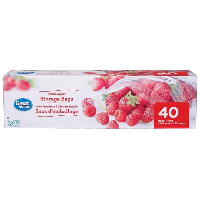 Great Value Large Double Zipper Storage Bags box containing 40 clear, BPA-free bags measuring 268 mm by 273 mm, shown with fresh strawberries and raspberries inside a partially open bag, ideal for food storage and reusable snack use.