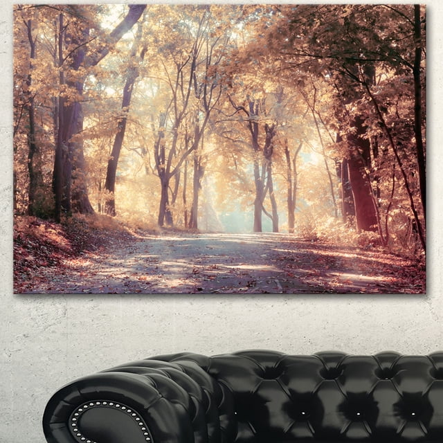 Design Art Golden Autumn Beautiful Forest Landscape Artwork Canvas Print on gallery wrapped cotton canvas with a 1-inch wood subframe, depicting a sunlit forest path with golden autumn leaves, ready to hang and suitable for home or office wall décor.