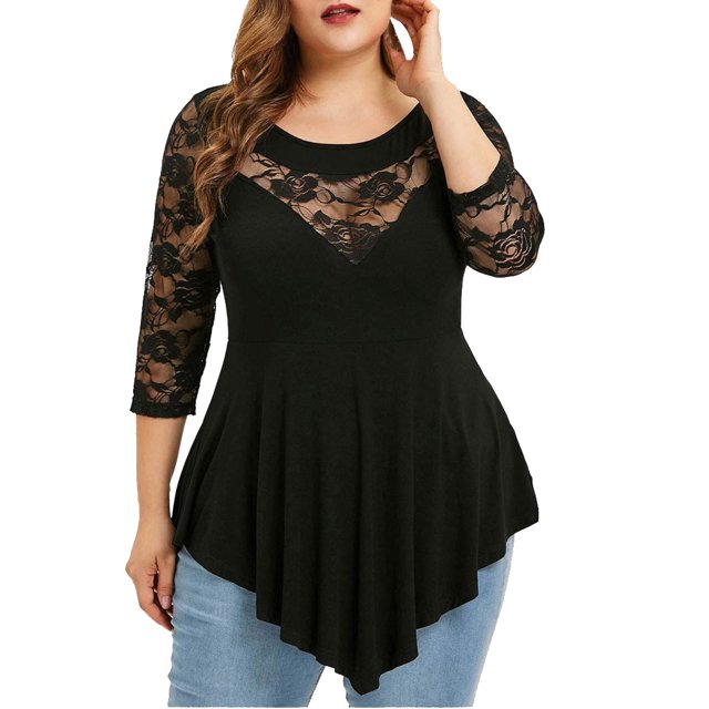 Heliisoer Plus Size Floral Lace Women Solid O-Neck Asymmetric Three Quarter Tops
