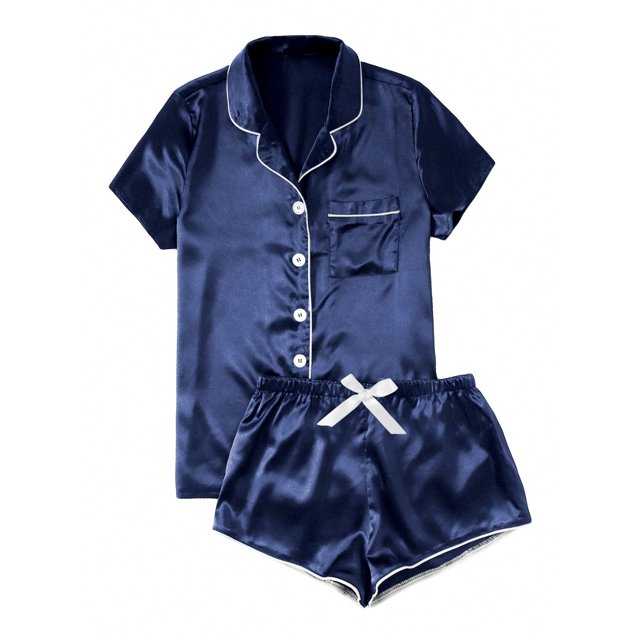 Women's Satin Casual Home Button Pajama Set(Dark Blue,S)