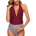 thumbnail image 3 of Maillots de Maternité une Pièce à Rayures, Maillot de Bain à Tour de Cou, Monokini à Col en V Profond, Taille Haute, Rouge (3TG, 3 of 8