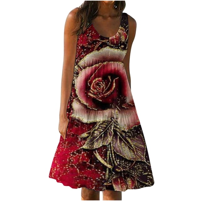 TopLLC Robe d'Été pour Femme Boho Décontractée Sans Manches à Col Ras du Cou Smockée Robe Soleil Florale à Volants Évasée en A Plage Midi