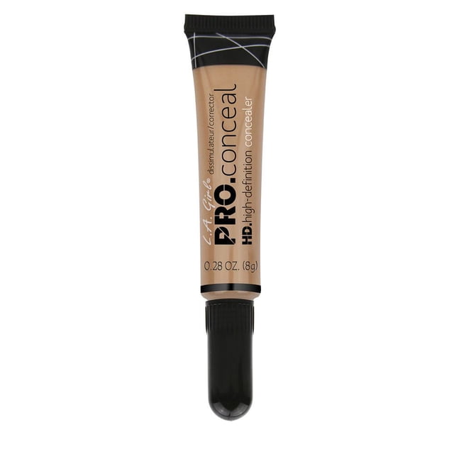 LA Girl HD PRO Conceal Concealer tube in beige with black screw cap, 0.28 oz (8g), featuring crease-resistant, lightweight formula that camouflages dark circles, redness, and skin imperfections for natural, even skin tone.
