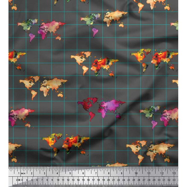 Soimoi Gray Silk Fabric Check & World Map Print Fabric by the Yard 42 Inch Wide