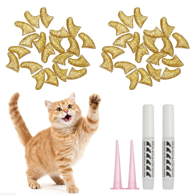 Uxcell Cat Nail Caps, Cat Claw Covers with Adhesive Glue and Applicators, Kitten Claw Caps Soft Paws, (40 Pcs, L, Crystal Gold), Intended for Pet Tips / Nail Covers / Control Paws