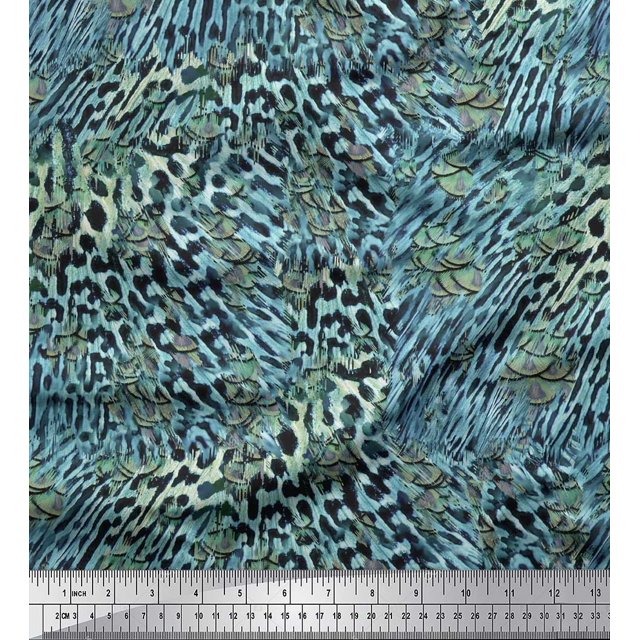 Soimoi Blue Moss Georgette Fabric Leopard & Peacock Animal Skin Print Sewing Fabric BTY 44 Inch Wide