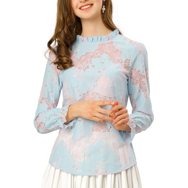 INSPIRE CHIC Women's Crochet Lace See Through Floral Ruffle Neck Blouse