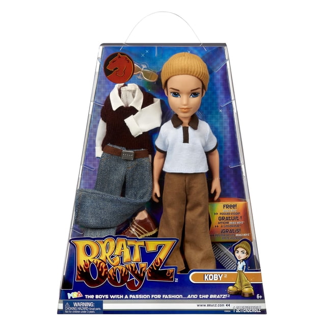 Bratz® Original Fashion Doll Koby™ Series 3 in trapezoid packaging featuring a doll dressed in a white polo shirt with brown trim and brown pants, with an extra outfit including a white long-sleeve shirt, brown vest, blue jeans, two pairs of shoes, sunglasses, a yellow knit hat, comb, and poster, suitable for collectors and fans of fashion dolls.
