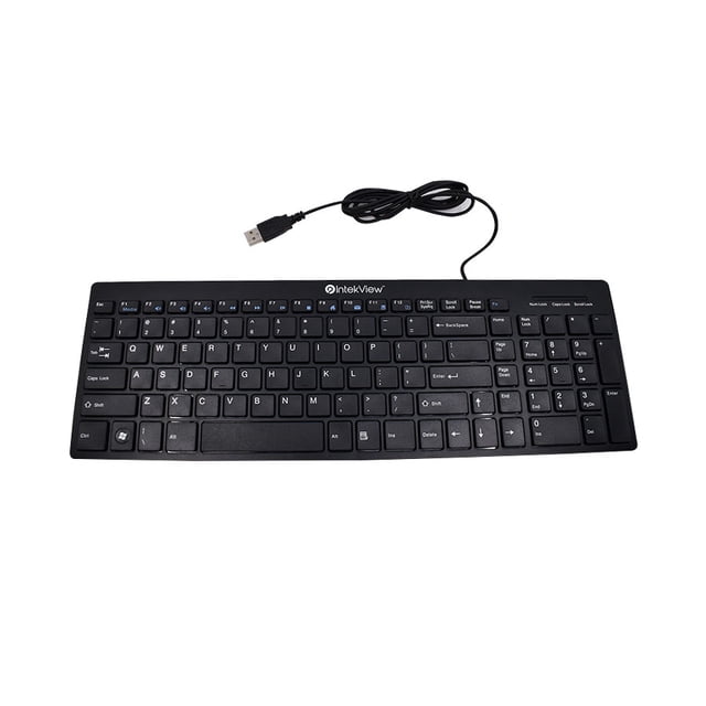 IntekView Wired Slim Keyboard English version with an ultra-thin black profile, ergonomically positioned keys, full QWERTY layout, numeric keypad, and 12 multimedia keys, wired via USB to reduce hand movement and optimize workspace comfort.
