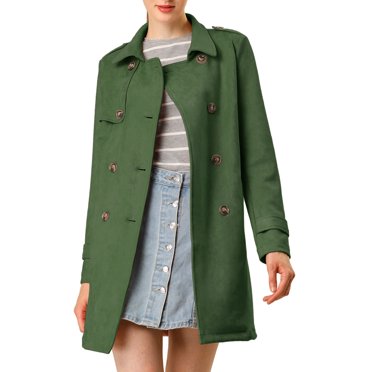 INSPIRE CHIC Manteau Trench en Faux Suède à Revers Crantés, Double Boutonnage, pour Femme, Vert G