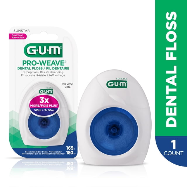 GUM® PRO-Weave® Fil Dentaire Ciré Floss dans un Contenant en Plastique Blanc avec Bobine Bleue, Montré dans et hors de l'Emballage, Conçu pour Résister au Déchiquetage et Enlever la plaque Dentaire, Recommandé par les Professionnels Dentaires, Contenant 165 Mètres (180 yards) de Floss pour un Maintien Efficace de la Santé des Gencives.