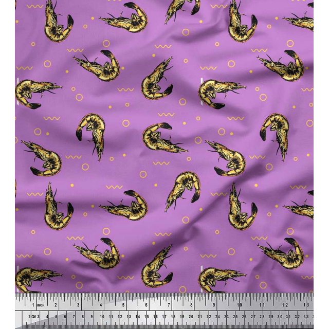 Soimoi Rayon Fabric Circle,Dot & Prawns Ocean Decor Fabric Printed Yard 56 Inch Wide