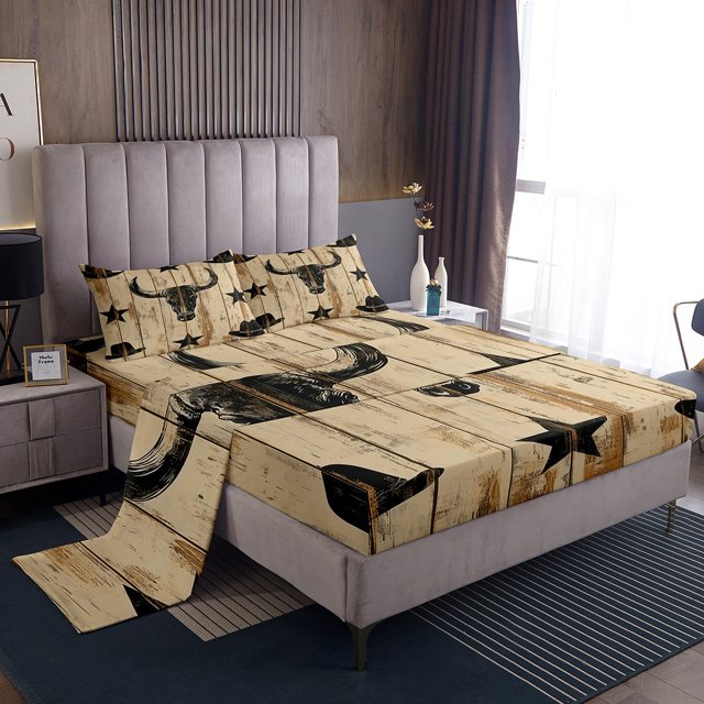 Erosebridal Tribal Aztec Sheet Set King, Cow Skeleton Bedding Sets King Size, Western Rustic Decor 4pcs
