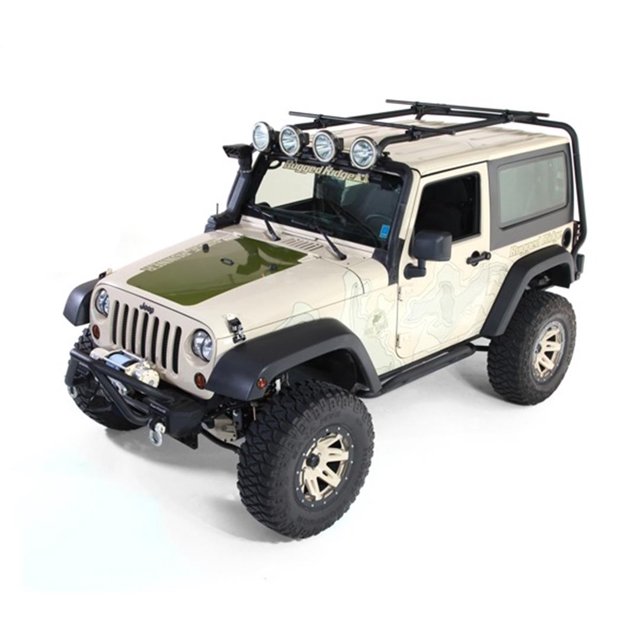 Fits 2007-2018 Jeep Wrangler JK Rugged Ridge Roof Rack 11703.01 Direct Fit; 300 Pound Load Capacity; Tilts For Access To Sunrider Soft Top/Freedom Hard Top; Powder Coated; Black; Steel
