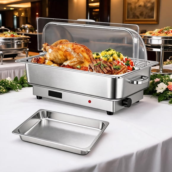 Ensemble de Buffet à Réchaud Électrique, Réchaud à Rouleau de 9 QT avec Couvercle en PC Transparent, Contrôle de Température 400 W 86-200 °F, Réchaud en Acier Inoxydable pour Traiteurs et Fêtes, 1 Poêle Pleine Grandeur