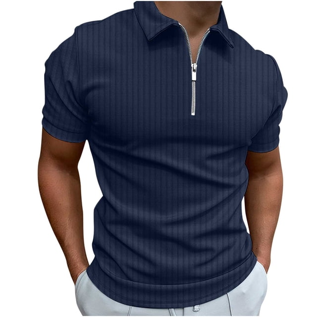 Homme Décontracté Uni Col Rabattu Chandail à Rayures Haute Élasticité Manches Courtes Blouse Extensible Chemises de Plage pour Homme, Bleu Foncé, m