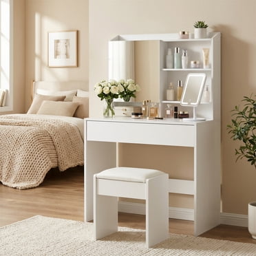 Coiffeuse, Étagères Réglables avec Miroir et Tiroir, Bureau de Chambre Moderne, 40 x 70 x 136 cm, Blanc