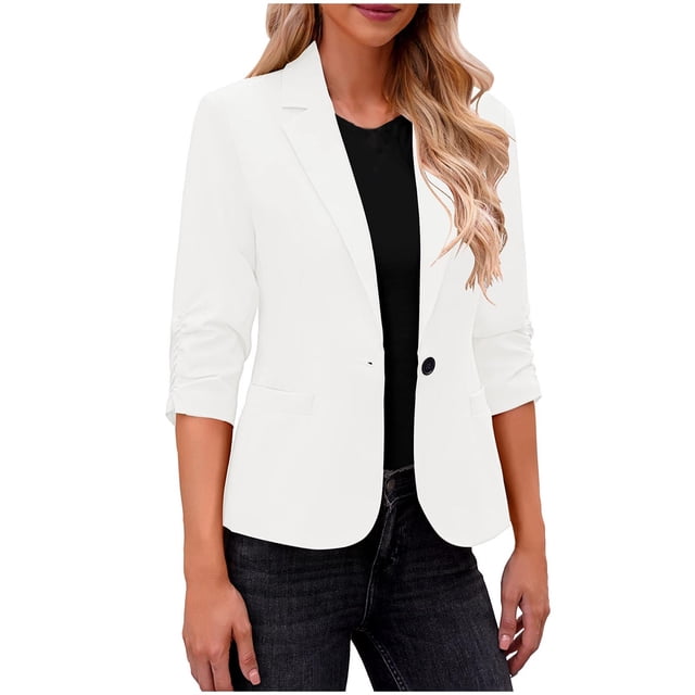 Timegard Vestes Formelles pour Femmes Manches 3/4 Froncées Couleur Unie Travail Affaires Décontracté Blazer Vestes de Complet