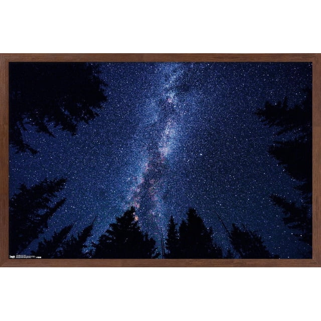 Milky Way At Night Wall Poster, 14.725" x 22.375" framed, showing a centered vertical view of the Milky Way galaxy across a star-filled dark blue night sky, silhouetted by tall pine trees at the bottom edges, ideal for wall art or room decor with a wooden frame and satin finish.