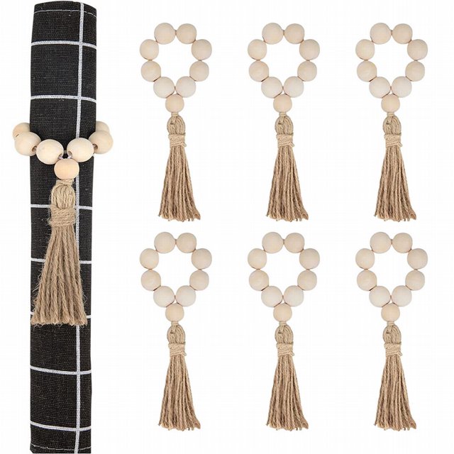 Oleegame 1PC Placemat Idyllic Wood Bead Tassel Napkin Ring Elastic Napkin Buckle Adjustable Hand Woven Rope Napkin Ring