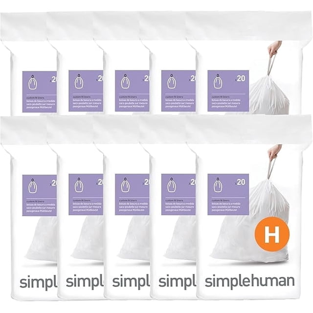 Simplehuman Code H Custom Fit Drawstring Trash Bags in Dispenser Packs, 200 Count, 35 Liter / 9.3 Gallon, White. The image displays multiple dispenser packs, each containing 20 white drawstring trash bags. The packs are marked with the 'H' code for compatibility and feature a quick-dispense design for easy one-by-one access. The bags are crafted from extra-thick plastic with double-seam construction to prevent rips and tears, ensuring a snug fit for Simplehuman trash cans without overhang or slipping.