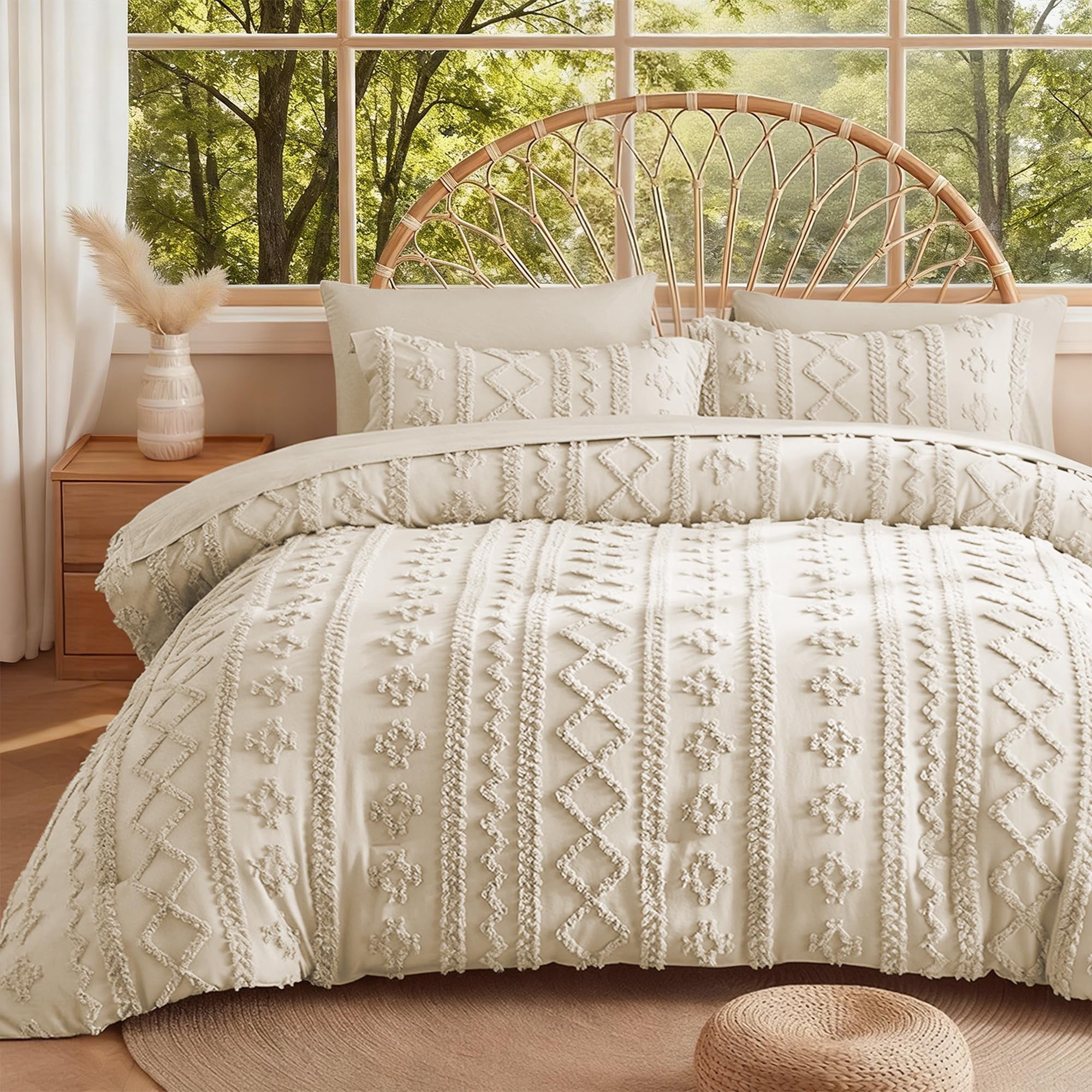 MR&HM Beige Comforter Set Queen, Tufted Boho Bedding Set, Farmhouse Bed in a Bag Set 7 Pieces with 1 Comforter, 2 Pillow Shams, 2 Pillowcases, 1 Flat Sheet, 1 Fitted Sheet for All