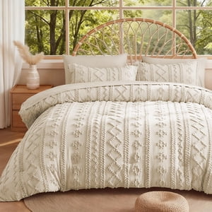 MR&HM Beige Comforter Set Queen, Tufted Boho Bedding Set, Farmhouse Bed in a Bag Set 7 Pieces with 1 Comforter, 2 Pillow Shams, 2 Pillowcases, 1 Flat Sheet, 1 Fitted Sheet for All