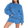thumbnail image 2 of Tenues à Capuche Deux Pièces pour Femmes 2023 Couleur Unie Col Rond Chandail à Enfiler Manches Longues Chandail Ample Mode Décontractée pour Femmes Ensemble de Shorts Chandail en Liquidation, 2 of 7