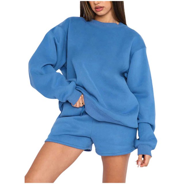 IROINNID Survêtement pour Femmes Ensemble 2 Pcs Col Rond Réduit Chandail à Enfiler Manches Longues Chandail Ample Décontracté Ensemble de Shorts Tenue de Sport, Bleu